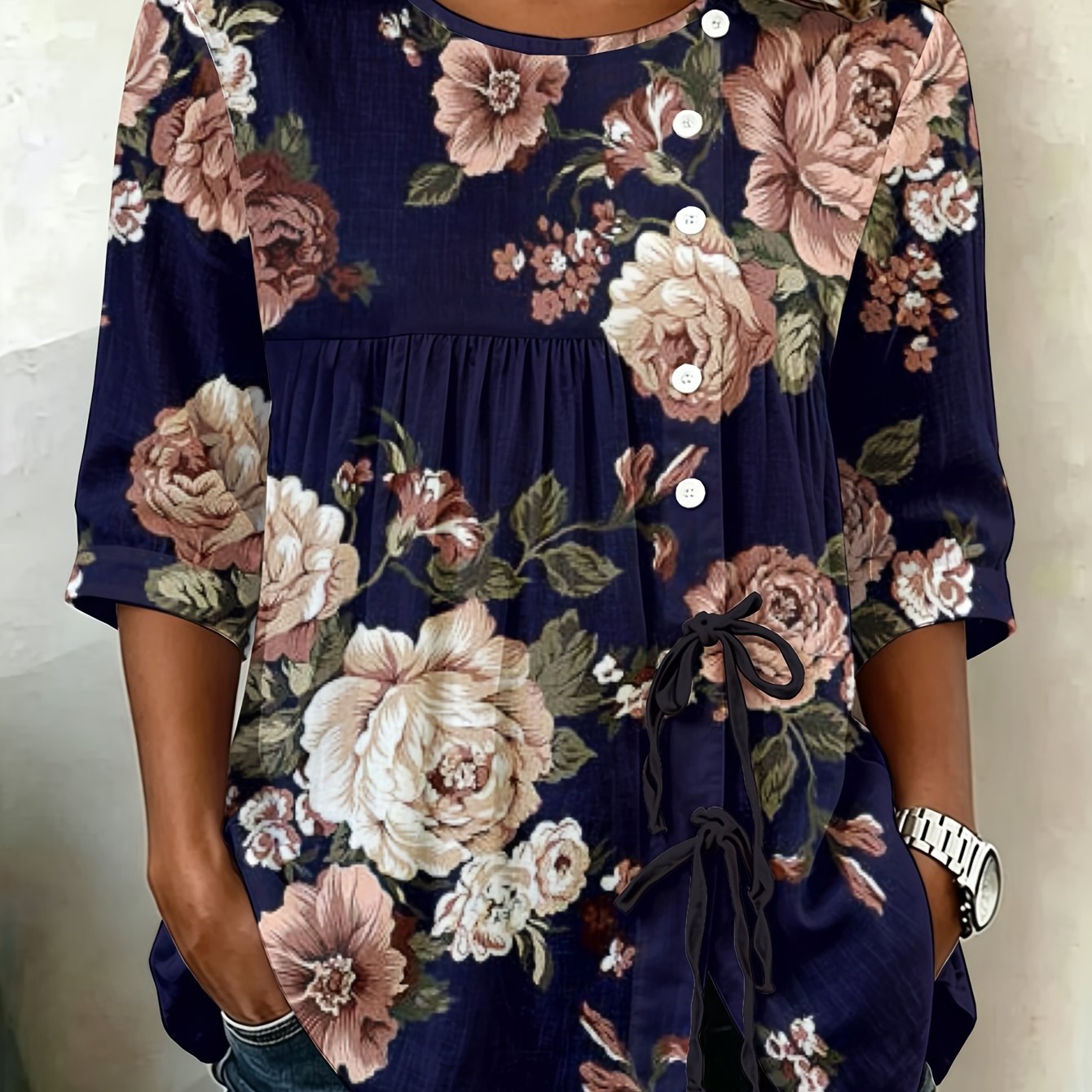 TEMU Plus Size - Floral Print Women's Plus Size Button-up Blouse Oversized Longline Essential For Teens Spring Summer Trend Durable Casual Fashion