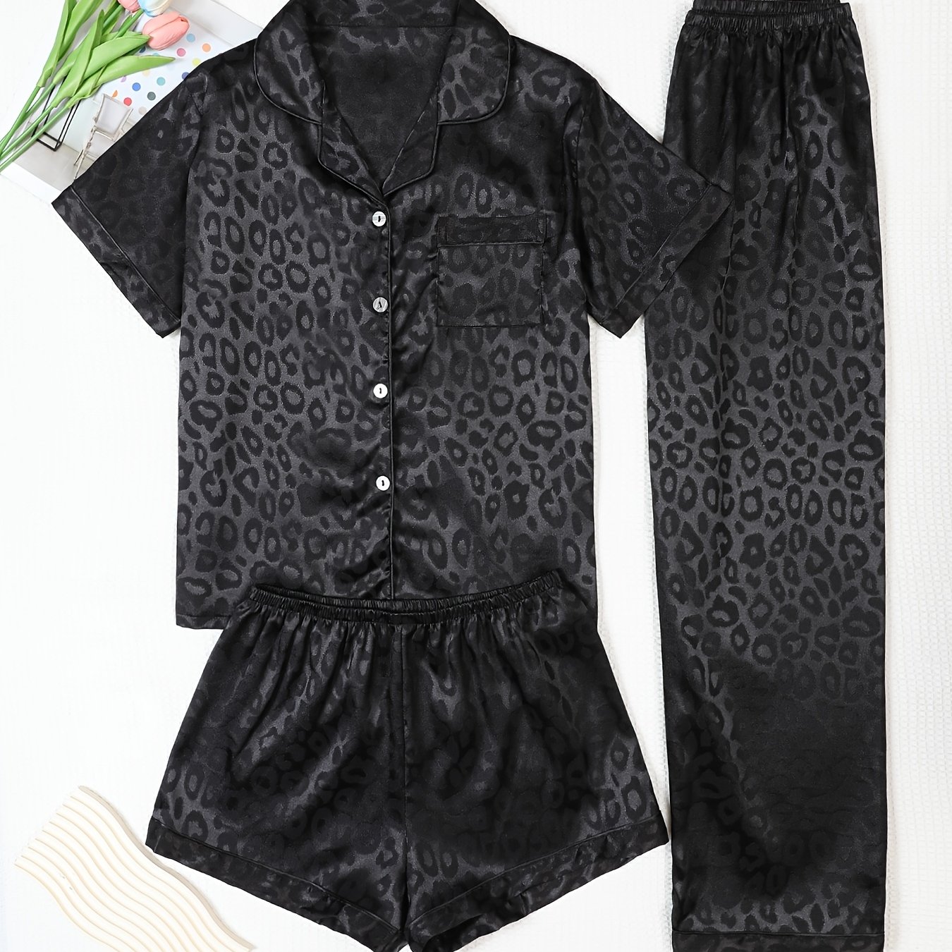 TEMU 3pcs Women's Leopard Print Short Sleeve Shorts And Long Pants Pajama Set