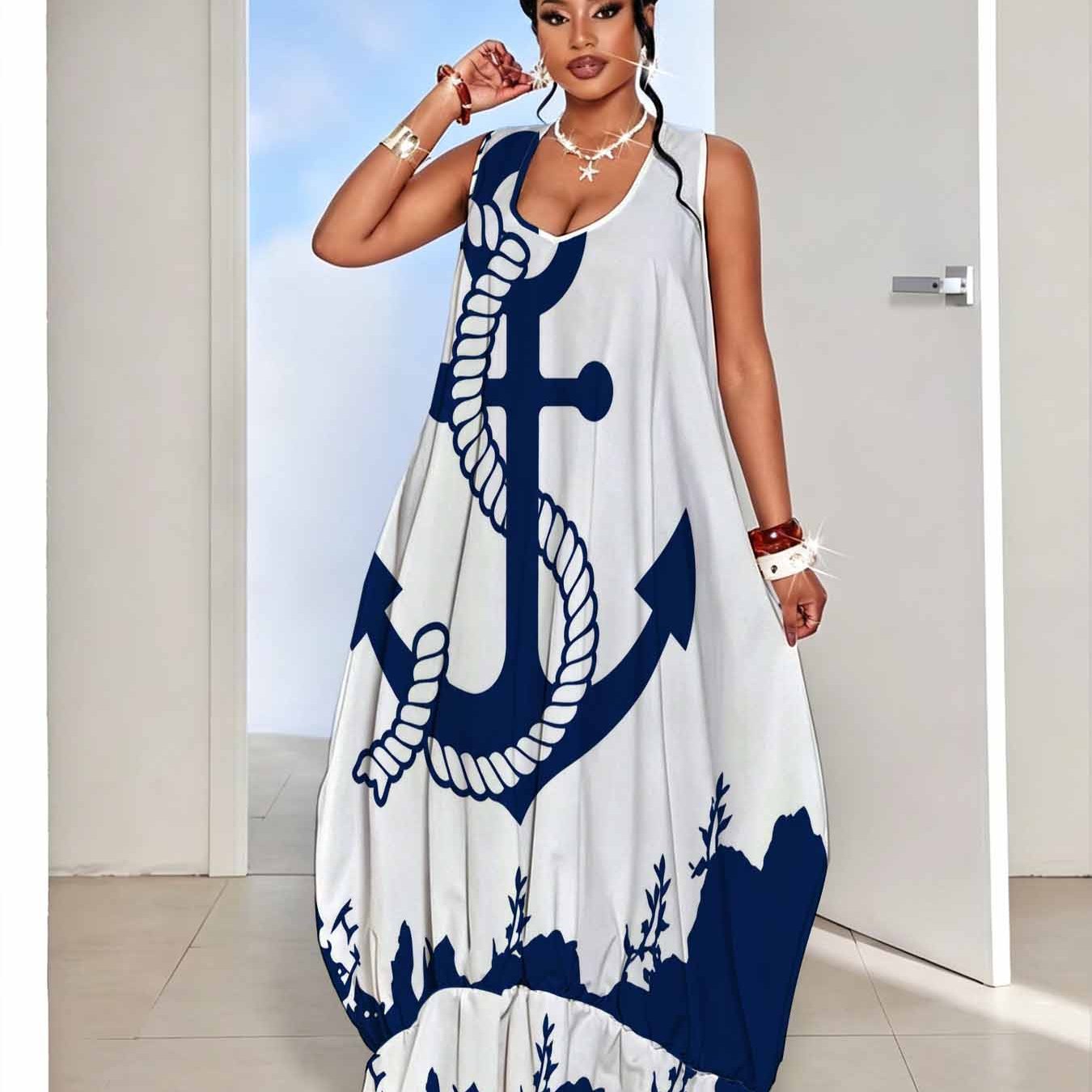 Plus Size Anchor Print Dress, Women's Sleeveless Off-shoulder Loose Long Dress With Hem. Loose. Navy Blue. Elegant Nautical Vintage Style Beach Dress For Women' Wear