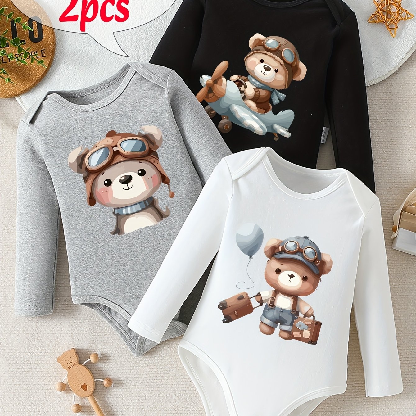 Random 2pcs Triangle Long Sleeve Bodysuit, Spring/autumn Outdoor One-piece Outfit, Round Neck Casual , 's Soft Walking Wear, For Outdoor