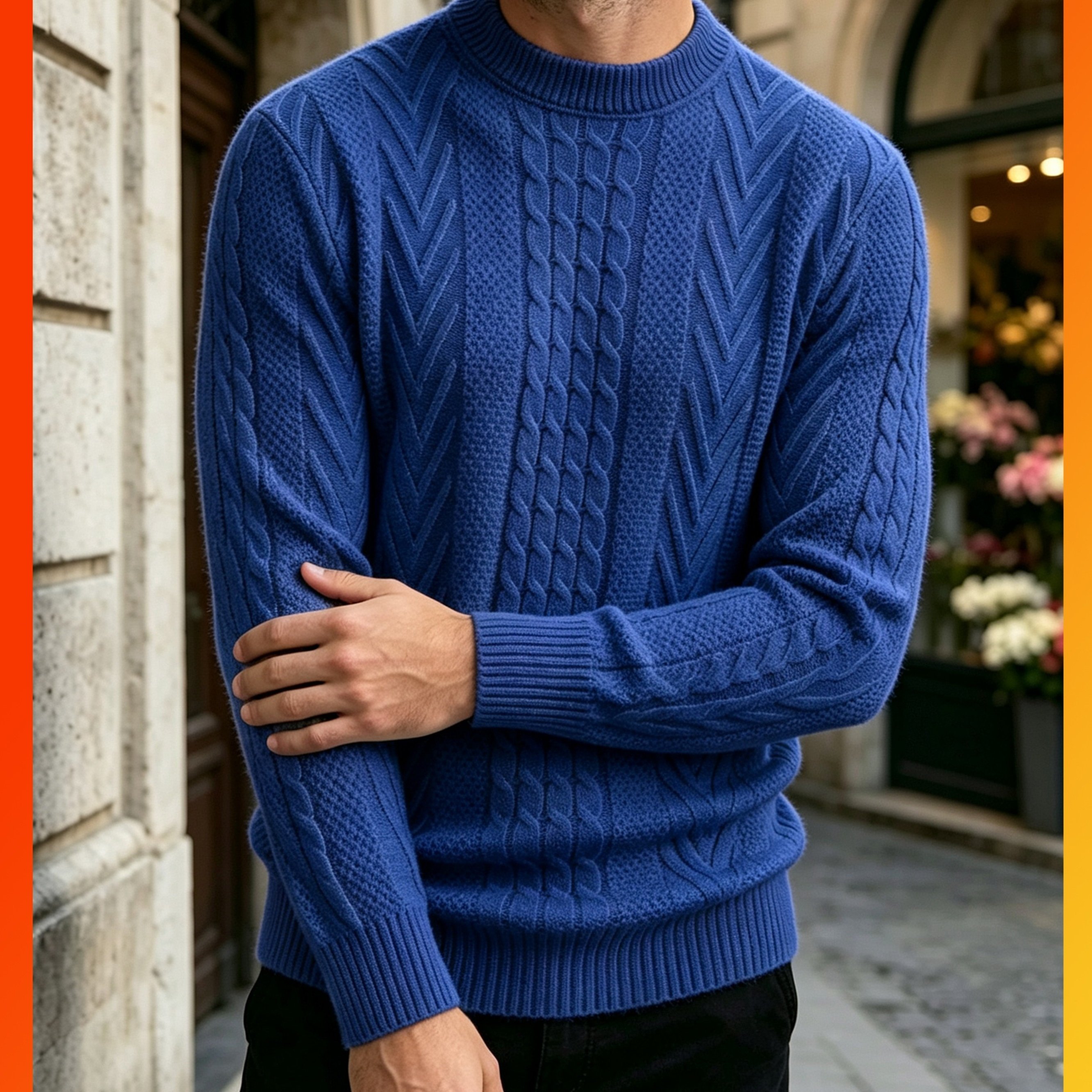 Image of Old Money Style Men' Luxury Round Neck Cable Knit Sweater, Autumn And Winter New Style, Herringbone Pattern Knit On The Front, Solid Color Long Sleeve Pullover On The Back
