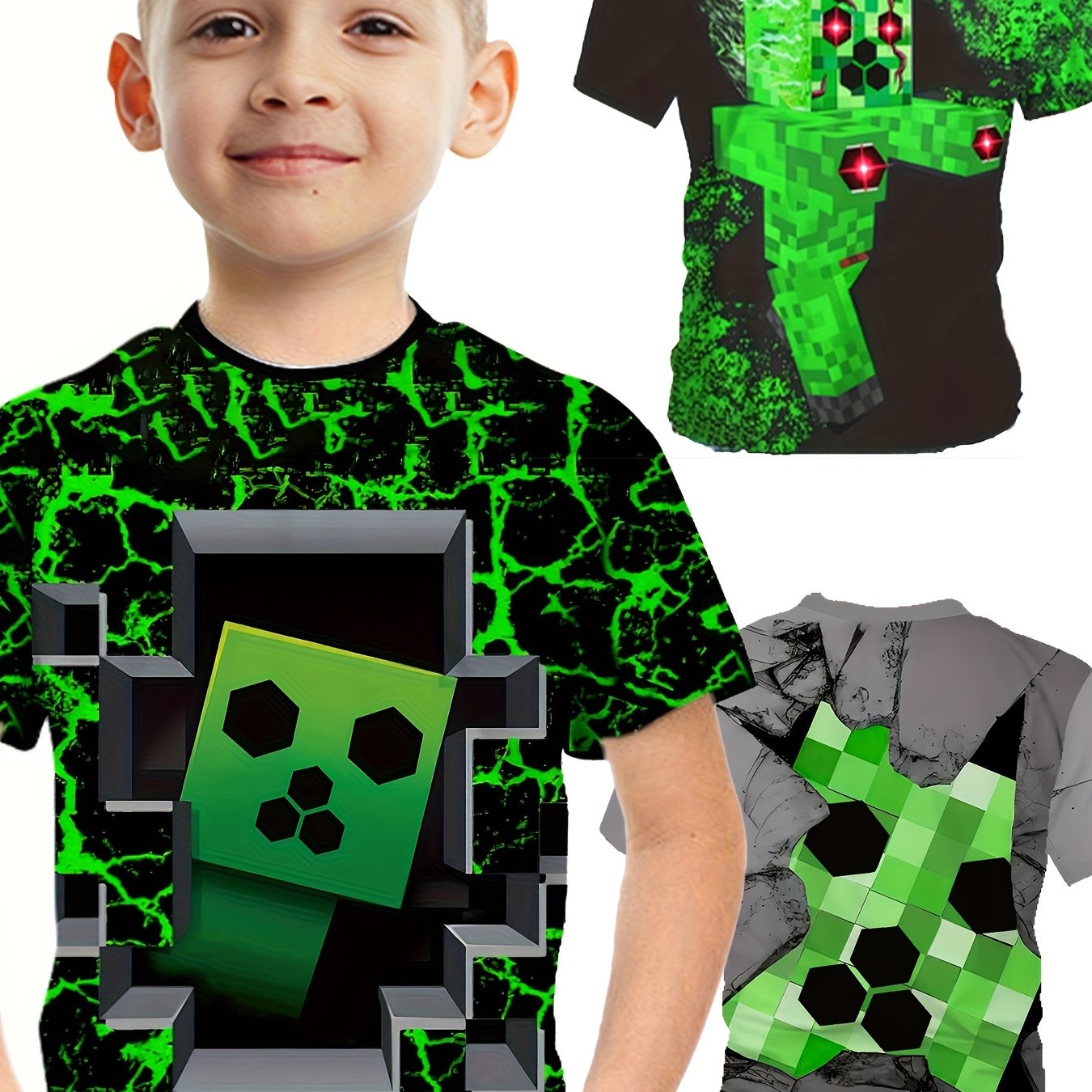 Image of 3pcs Boys' Eye Graphic Tees - Ultra-breathable, Fit, Casual Round Neck Short Sleeve Tops For Spring, Summer, And Fall