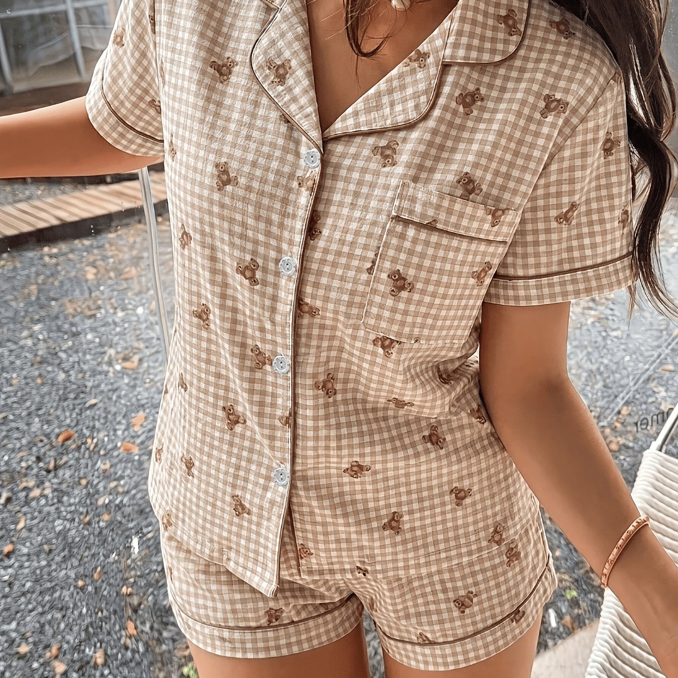 TEMU 2pcs Women's Pajama Set, Printed Short Sleeve Collar Top And Bow Elastic Shorts, Spring Summer Casual Loungewear
