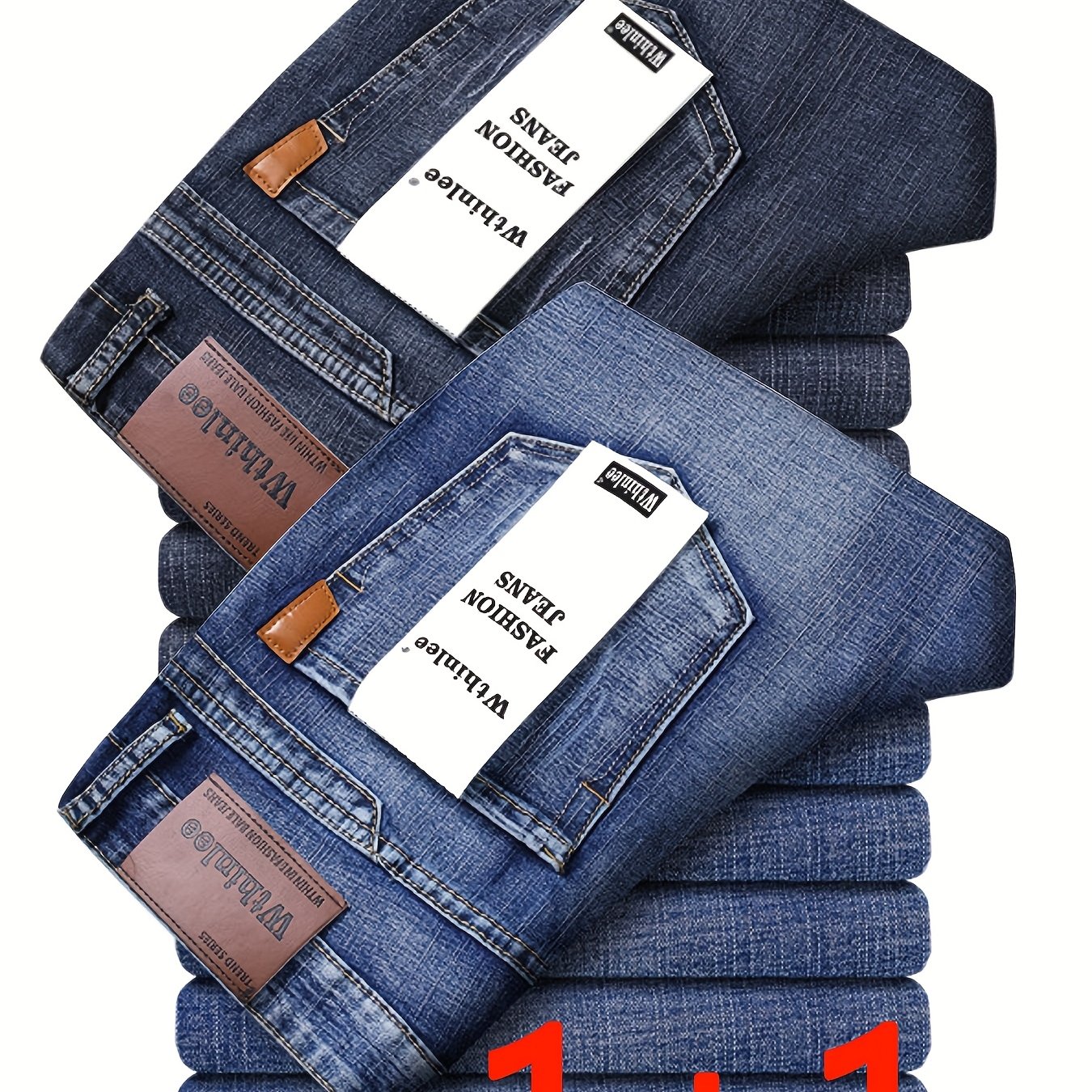 Image of 2-pc Men' Blue + Charcoal Gray Jeans, Hand- Washed Denim, Men's Loose Straight-leg Jeans, Light Business Casual Trousers, Stretch Straight-leg Pants, Slim Fit For Daily Casual Wear