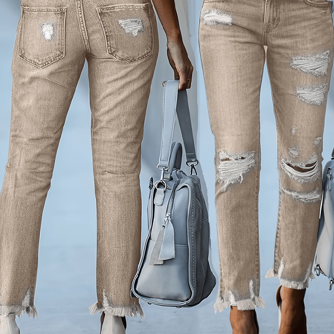 Image of 26aw Women's Stretch Vintage Versatile Casual Fashionable Elegant Mid-waist Pocket Durable Multi-functional Slim Fit Faded Ombre Ripped Fringe Cropped Jeans Street Style Trend