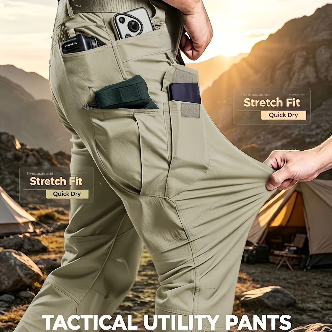 TEMU Men's Summer Stretch Quick-dry Long Pants, 10 Pockets, Wear-resistant Fabric, , Outdoor Cargo Pants, Suitable For: