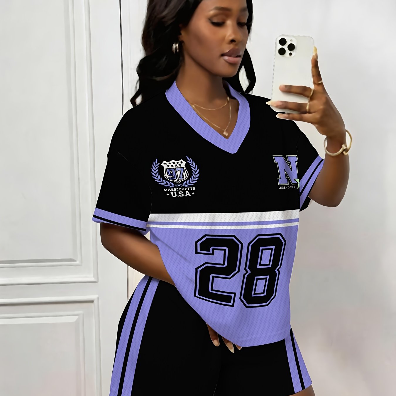 TEMU 2pcs Women's Soccer Jersey Suit - -neck Short Sleeve T-shirt & Shorts With Full-body Number 28 Print, Black/purple Color Block Outfit, Machine