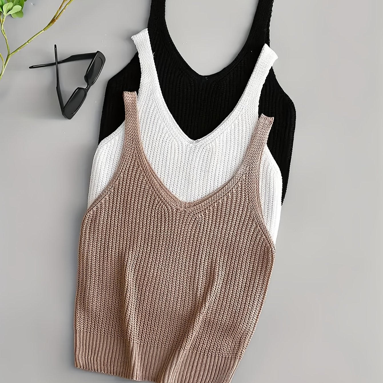 E-shop Frühling/Herbst Neue Damenbekleidung 3-teiliges V-Ausschnitt Pullover Weste Set, Weiche Mode Ärmellose Locker Weste, Geeignet für Sommer und
