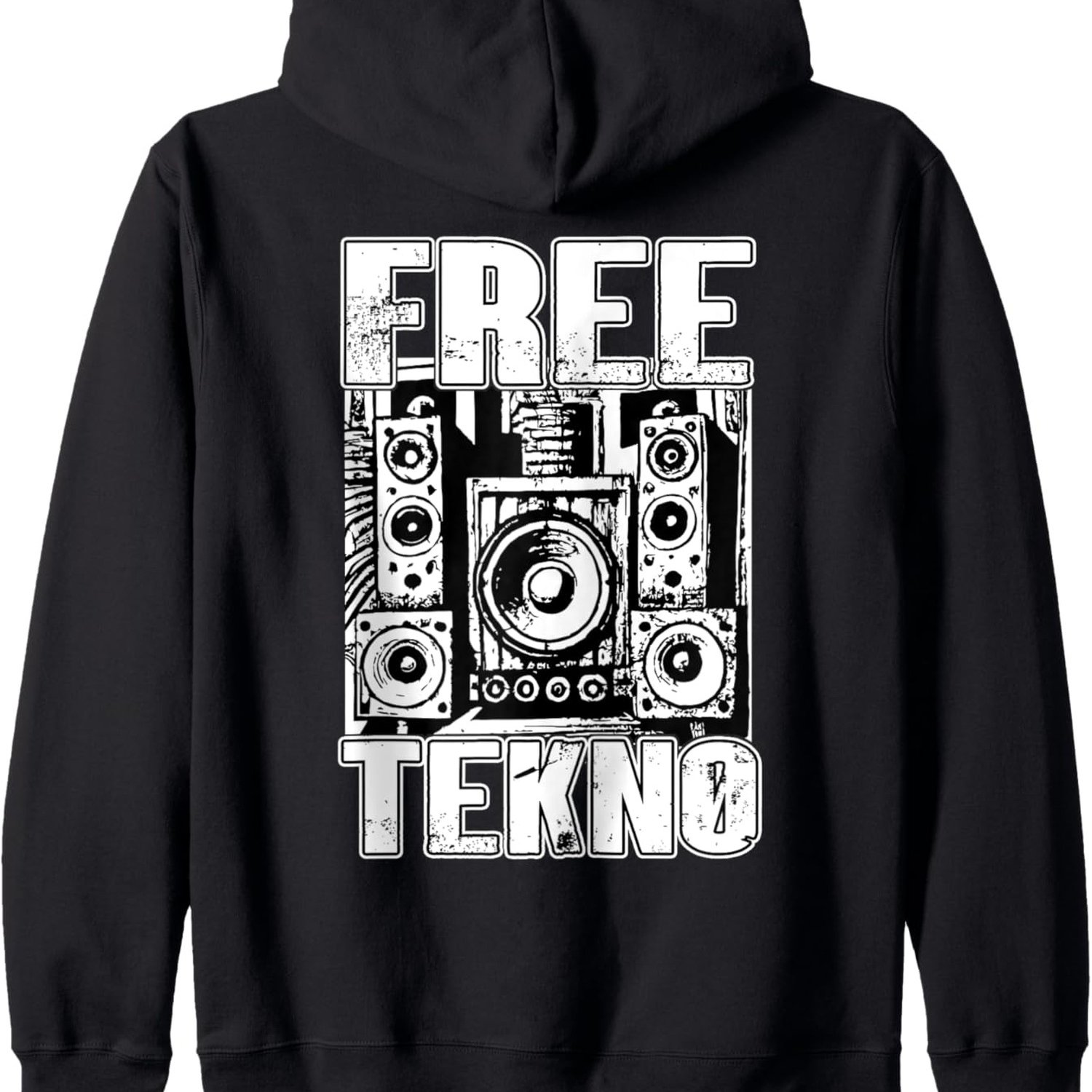 Men's Tekno 23 Techno Music Hoodie | Black With White Dj & Speaker Graphic Print, Lettering, Casual Streetwear, Washable Hooded Sweatshirt, Crew Neck, Regular Fit, Stretch Fabric