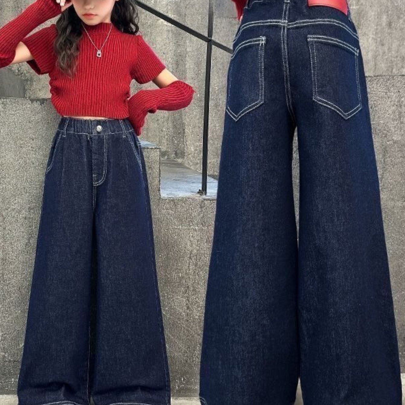 Image of Girls Wide Leg Denim Pants, High Waist Loose Fit Jeans For 5-15 Years Kids Teens, 120-170cm, Spring Autumn Casual Trousers