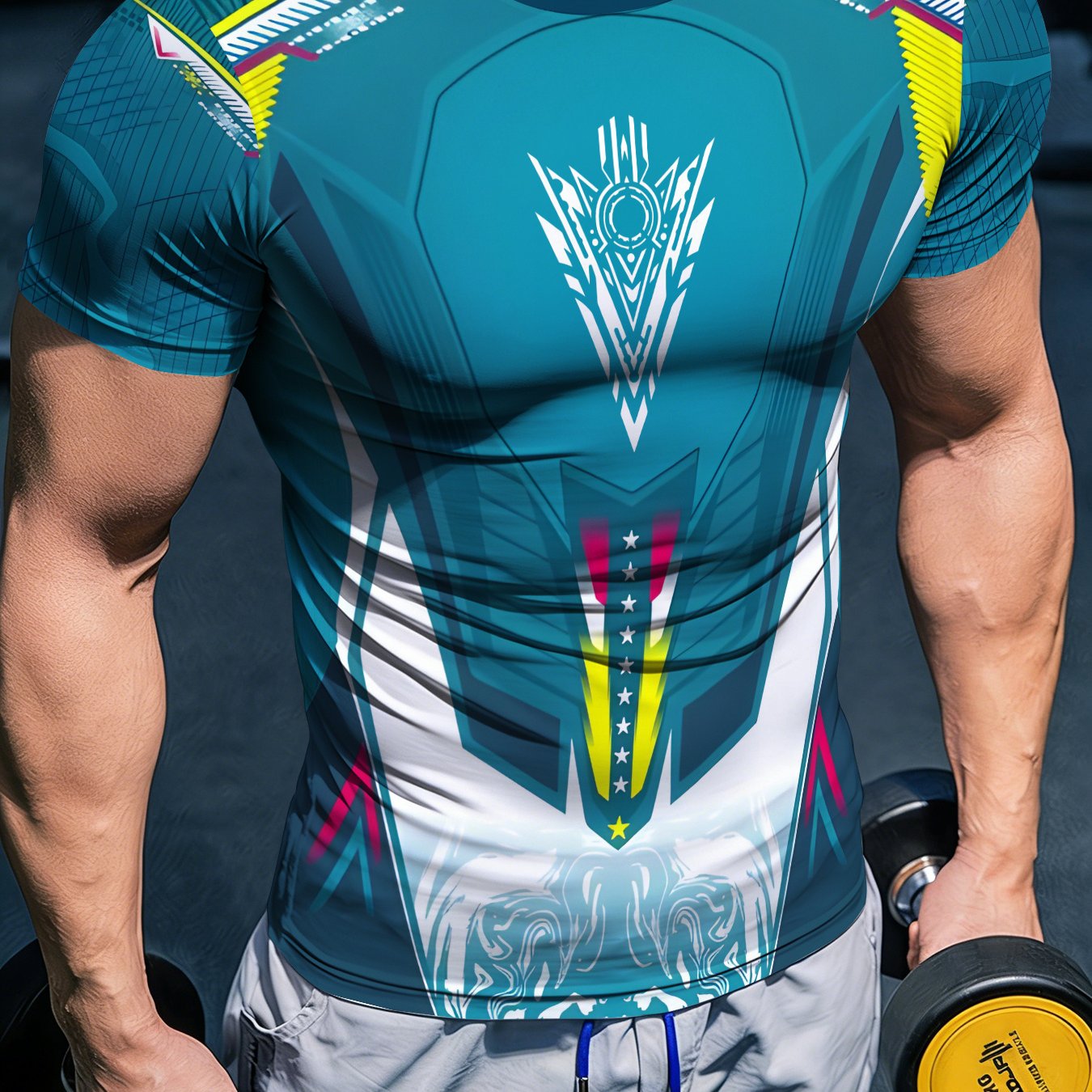 TEMU Core Men's Slim-fit Training Base Layer, Compression Base Layer, [printed Design â Not Textured] Printed T-shirt, Breathable, Quick-drying, Cre