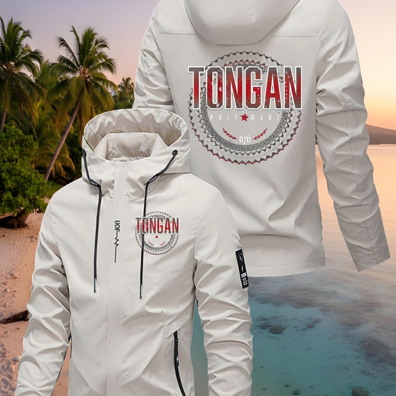 TEMU Men's Coat - 'tongan' Creative Print - Non-stretch Fabric Jacket For Spring And Autumn, Durable Construction For - Multiple Zippered Pockets For