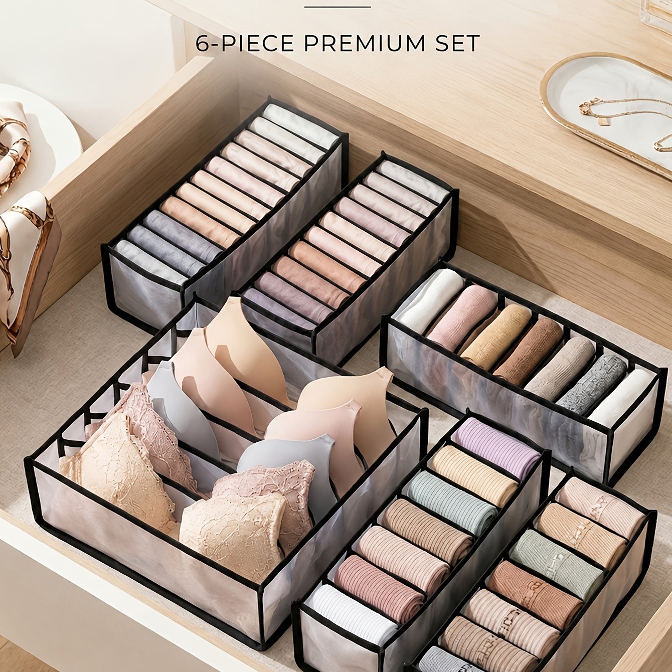 6pcs Multi-grid Underwear Organizer Set, Mesh Drawer Dividers For Bras, Panties & Socks, Foldable Storage Boxes, Closet Organizers For Neat Bedroom