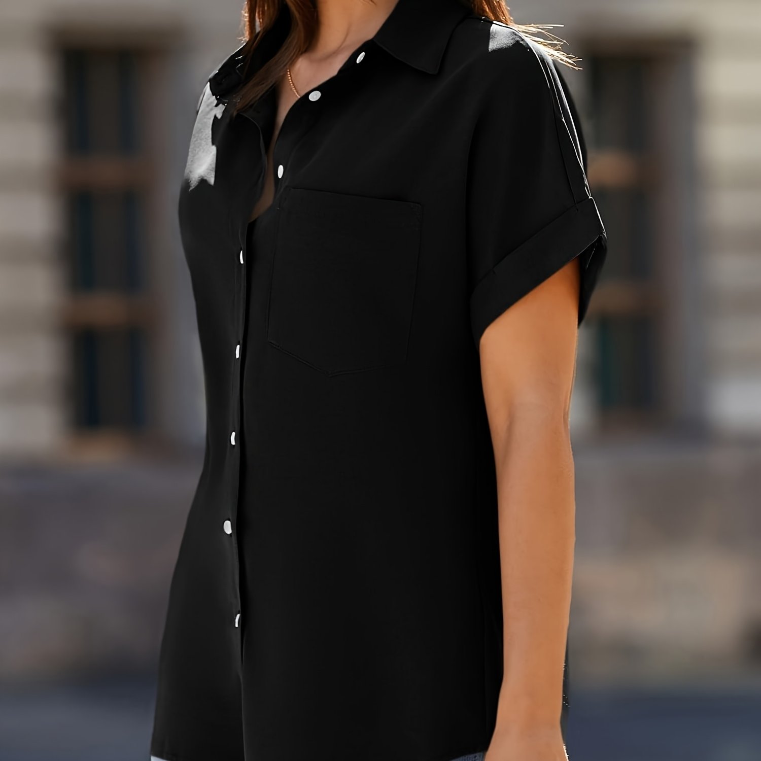 Plus Size, Womens Fashion Short Sleeve Shirts V Neck Collared Button Shirt Tops With Pockets