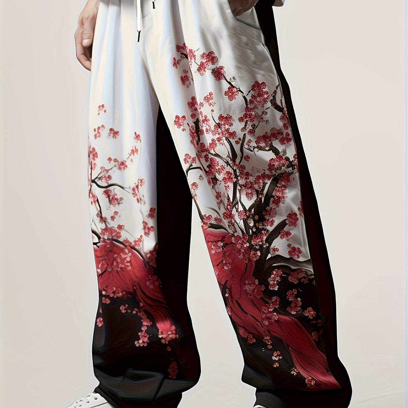 TEMU Pantalon Décontracté Homme à Imprimé Cerisier - Taille avec Cordon, Tissu Non Extensible pour Activités Extérieures Printemps Été Automne