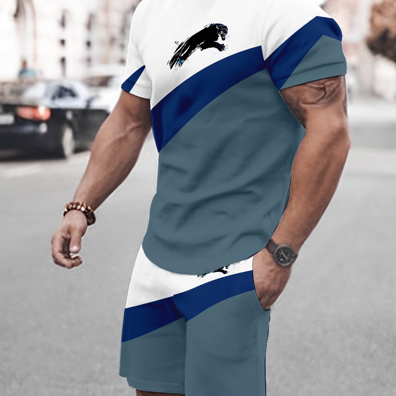 Image of Men's Printed Short Sleeve T-shirt + Shorts Set, Casual Sportswear Breathable Outdoor Leisure Men's T-shirt Knee-length Pants Set, Summer 3d , Men's Adult Father's Day Gift