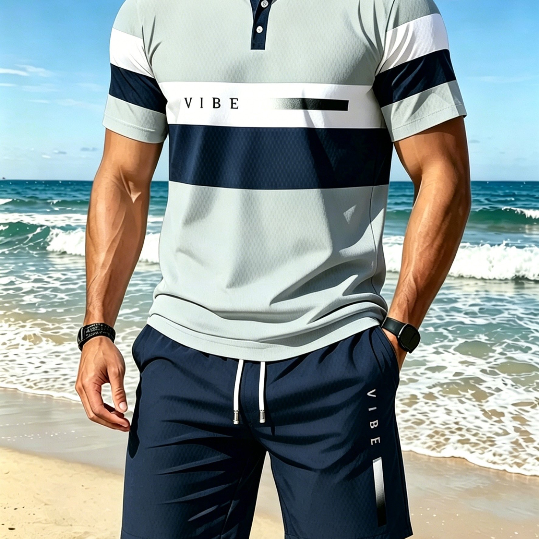 TEMU Men's 2pcs Set: Color-block Shirt With Short Sleeves And Shorts, Breathable, Casual, Sporty, Beach Vacation, Trendy, Slim Fit, Flattering, Light