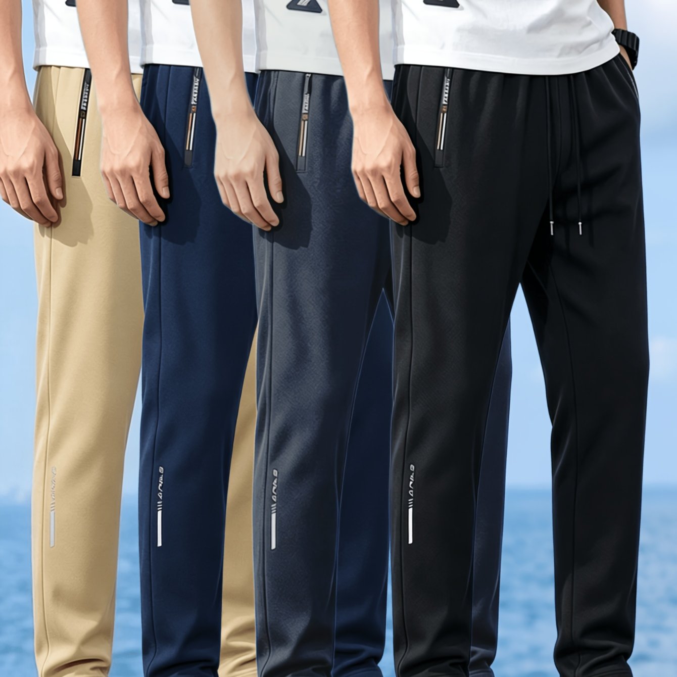 TEMU 4pcs Men's Knitted Jogging Pants - Elastic Drawstring Elastic Waist Casual Long Trousers With Side Zipper Bag, Suitable For Fitness Outdoor Home