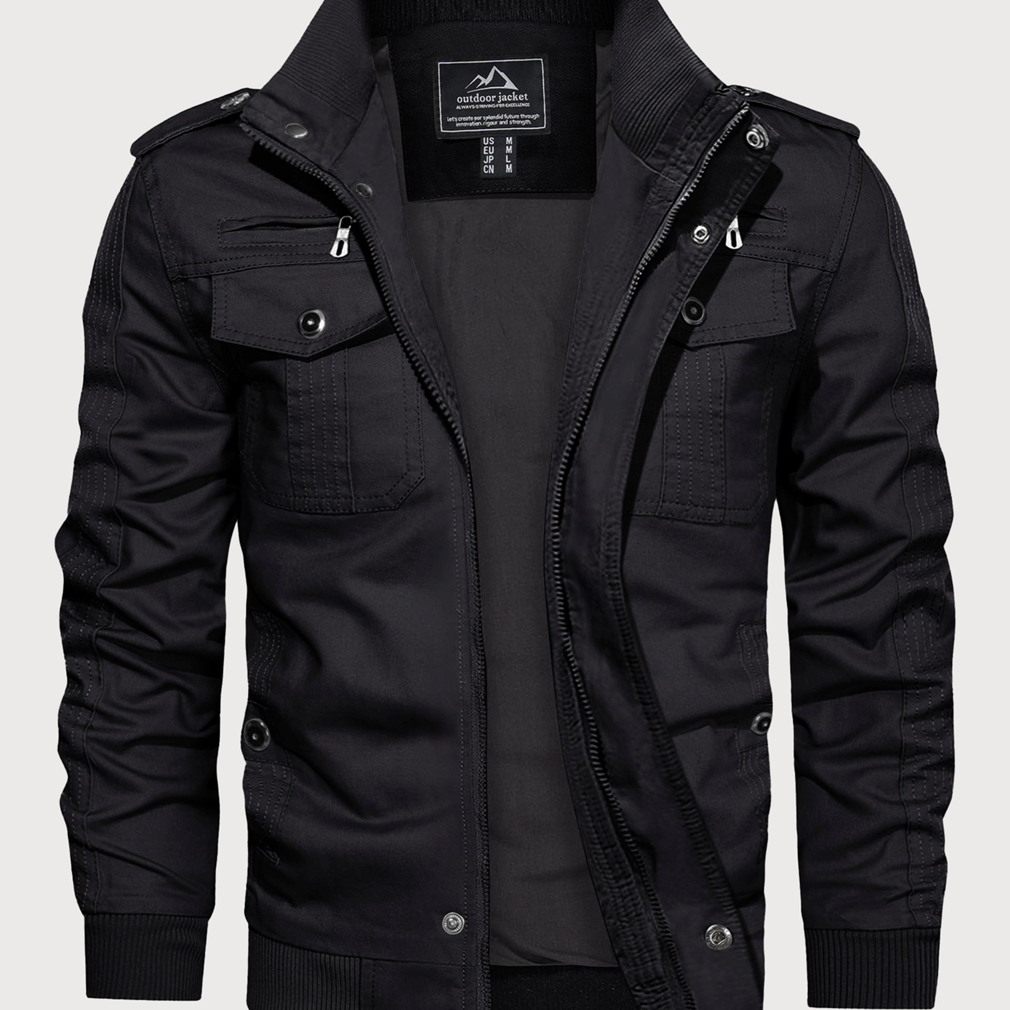 Image of Men's Lightweight Cargo Jacket Stand Collar Multi- Coat Full Zipper Button Double Closure Ribbed Cuffs Adjustable Hem 7 Pockets Casual Jacket For Daily Cycling Hiking Camping