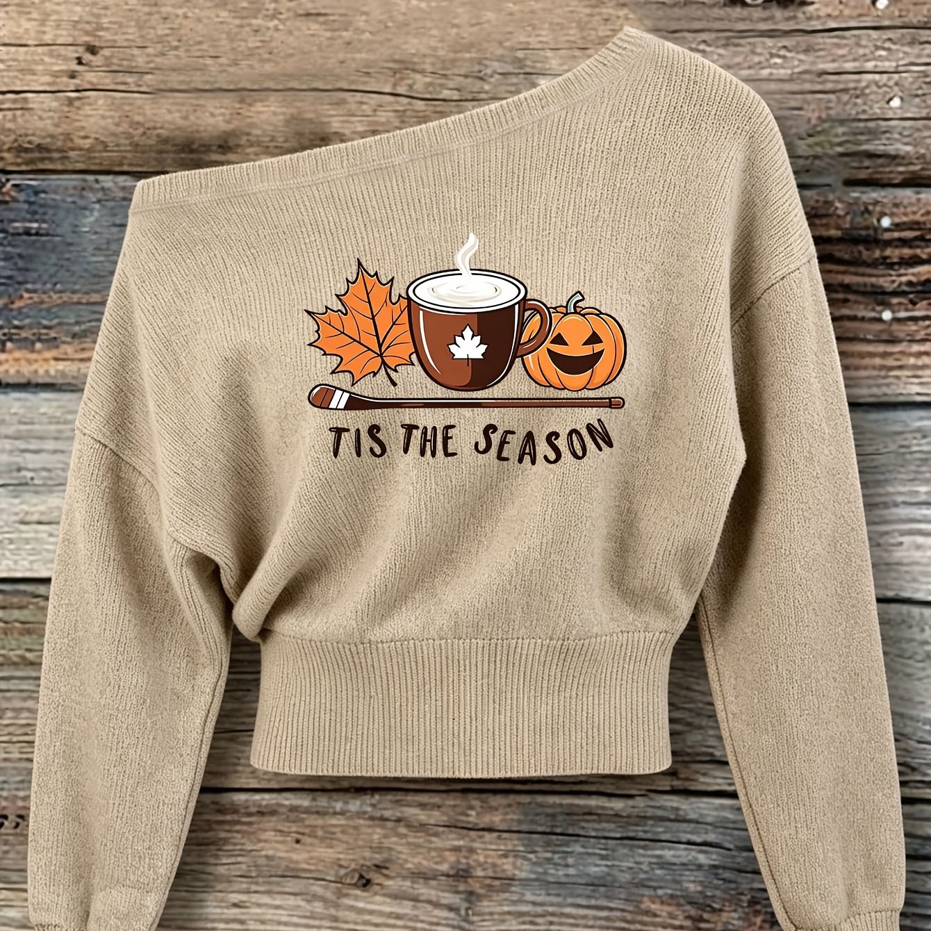 TEMU Autumn/winter Casual Elegant Women's Off-shoulder Cropped Sweater With Pumpkin Letter Print, Pullover Crop Top, Off-shoulder High-waist Cropped