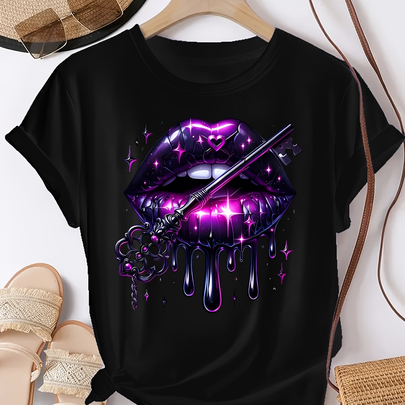 Purple Lips Print Short Sleeve Round Neck T-shirt Women's