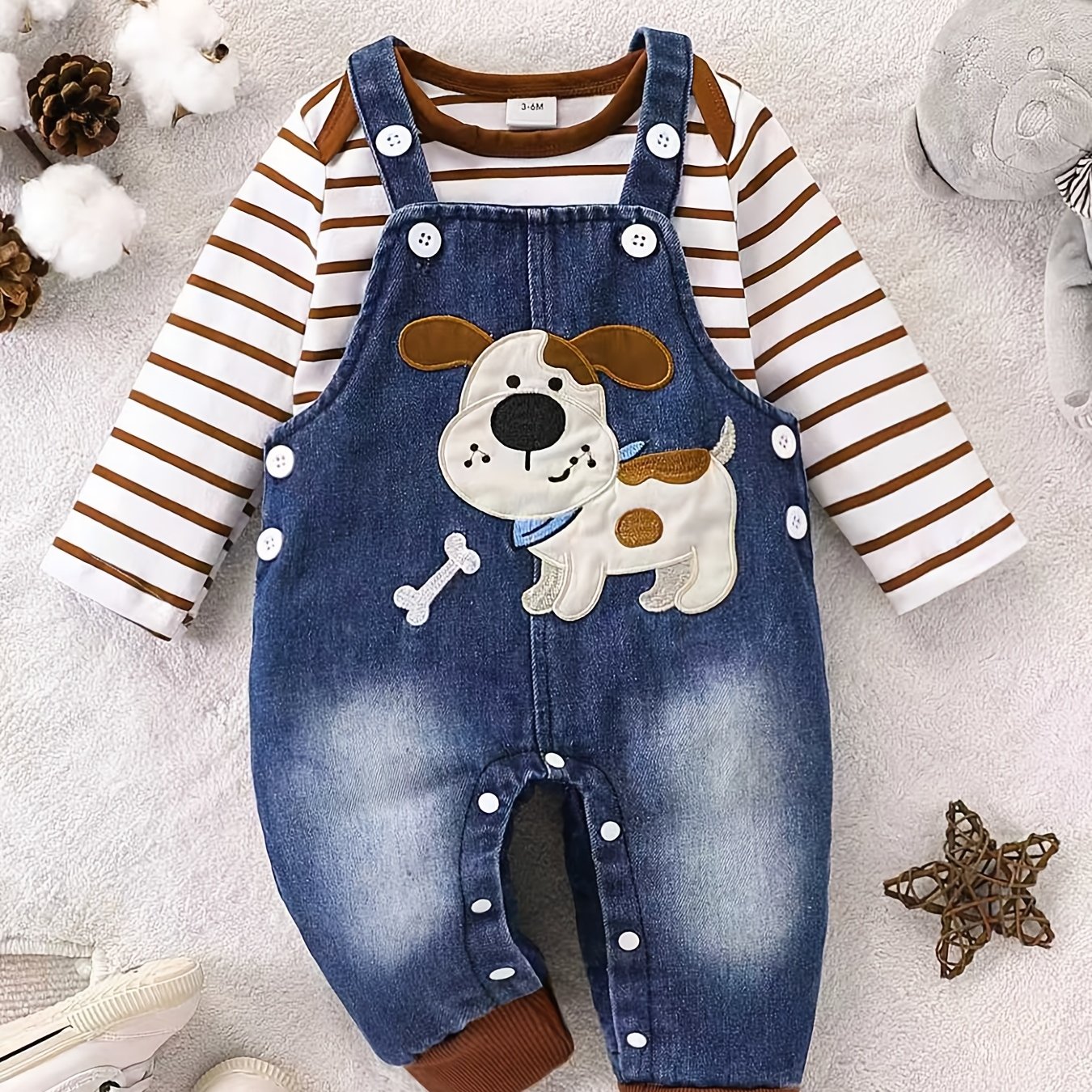 Image of Baby Boy Red And White Striped Bodysuit + Cute Puppy Pattern Denim Overalls Autumn/winter Outfit, Adorable Outerwear, Perfect For Outdoor