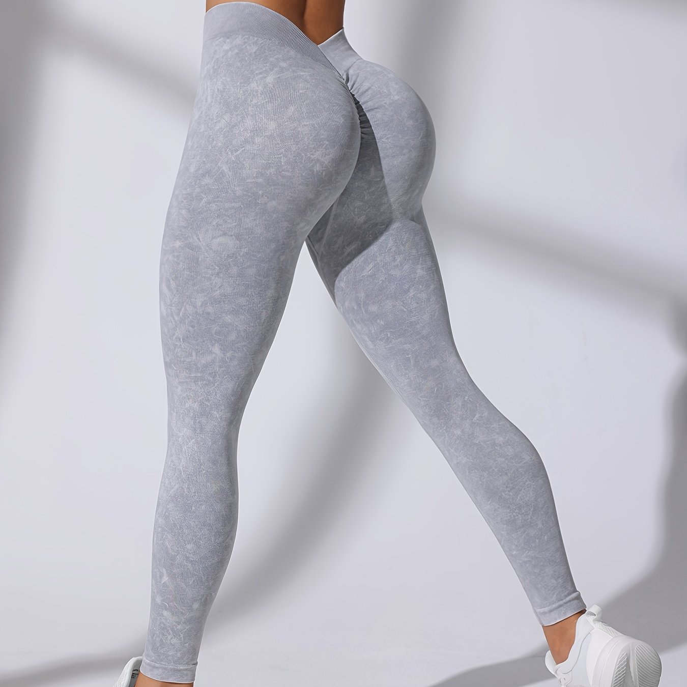 Women's Sexy V-belted Matte Yoga Leggings, High Stretch Polyamide 90% Elastane 10% Knit Fabric, Shirred Detail, Cropped Length, Elastic Waistband, Sports , Yoga Pants