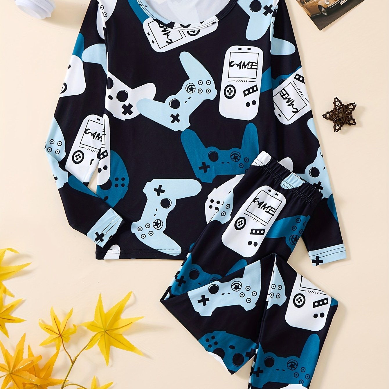 Boys' New Casual Cartoon Game Console Print Fitted Long-sleeve And Long-pants Pajama Set