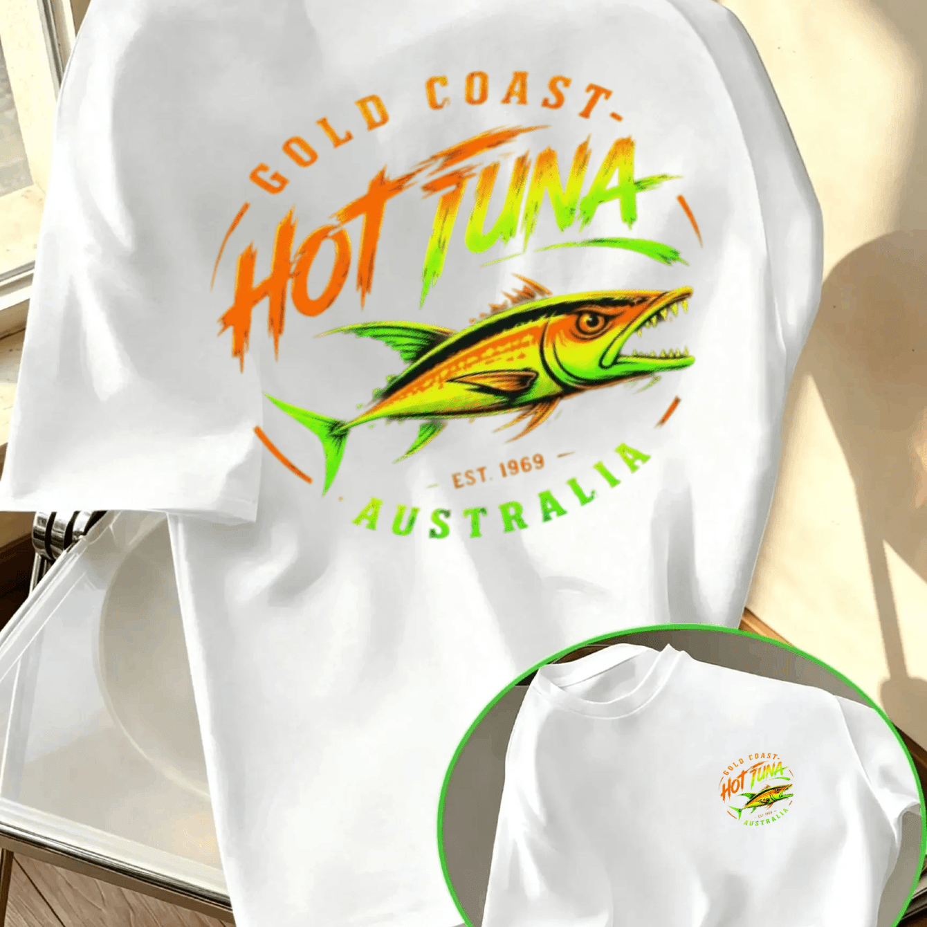 TEMU Men's Australian Golden Tuna Print T-shirt - Fluorescent Color-block Graphic Crew Neck Short Sleeve Tee, Casual Summer Beachwear Suitable For &