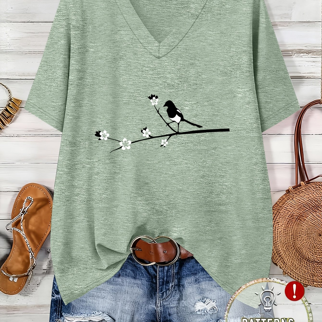 TEMU Plus Size, /summer Plus Size Women's Fashion Loose Drop-shoulder Half-sleeve T-shirt With Printed Small Bird Perched On A Branch. High-quality
