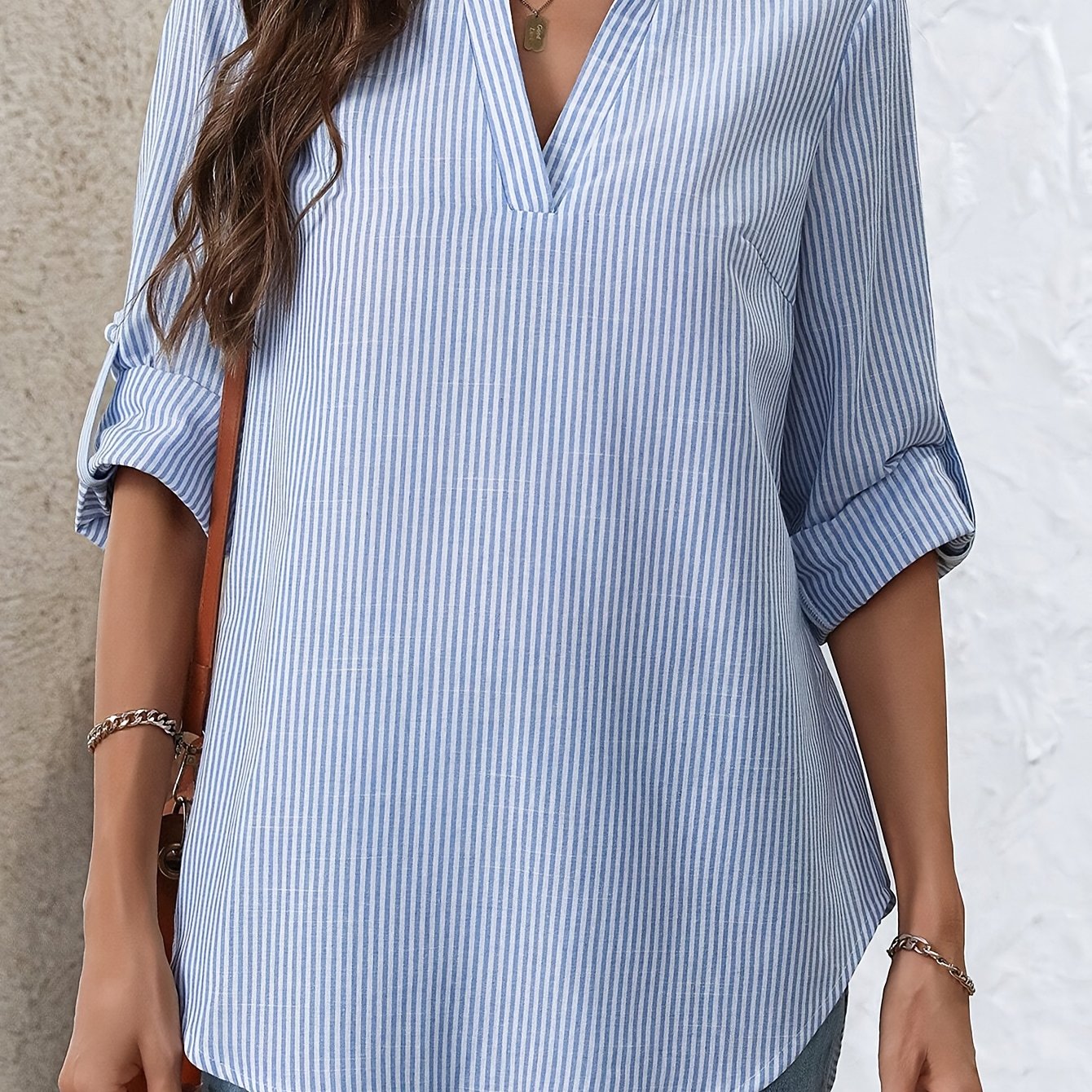 E-shop Damen Casual Gestreiftes V-Ausschnitt Einfarbiges Hemd