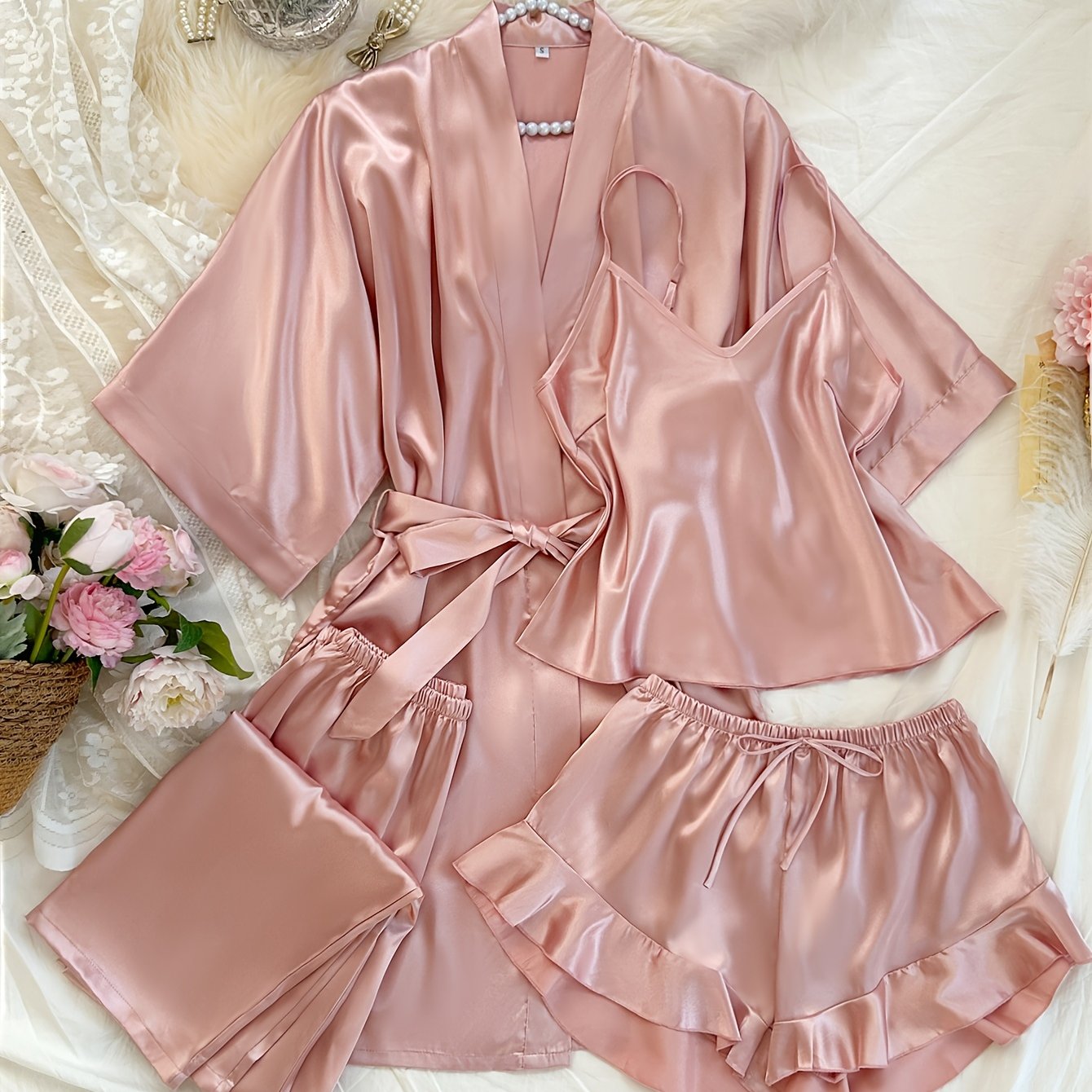 E-shop Damen-Schlafanzug-Set mit V-Ausschnitt, bequem , 4-tlg.: Nachthemd, Schlafkleid, Träger-Shorts