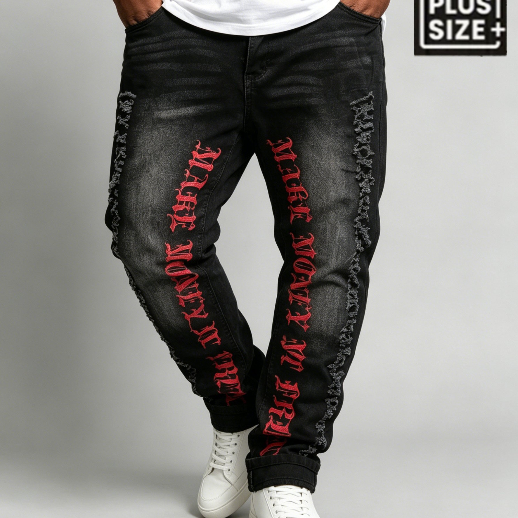 Image of Hme Men's Plus Size Black Washed Jeans Red Embroidery Ripped Straight Leg Casual Jeans Pants, Plus Size