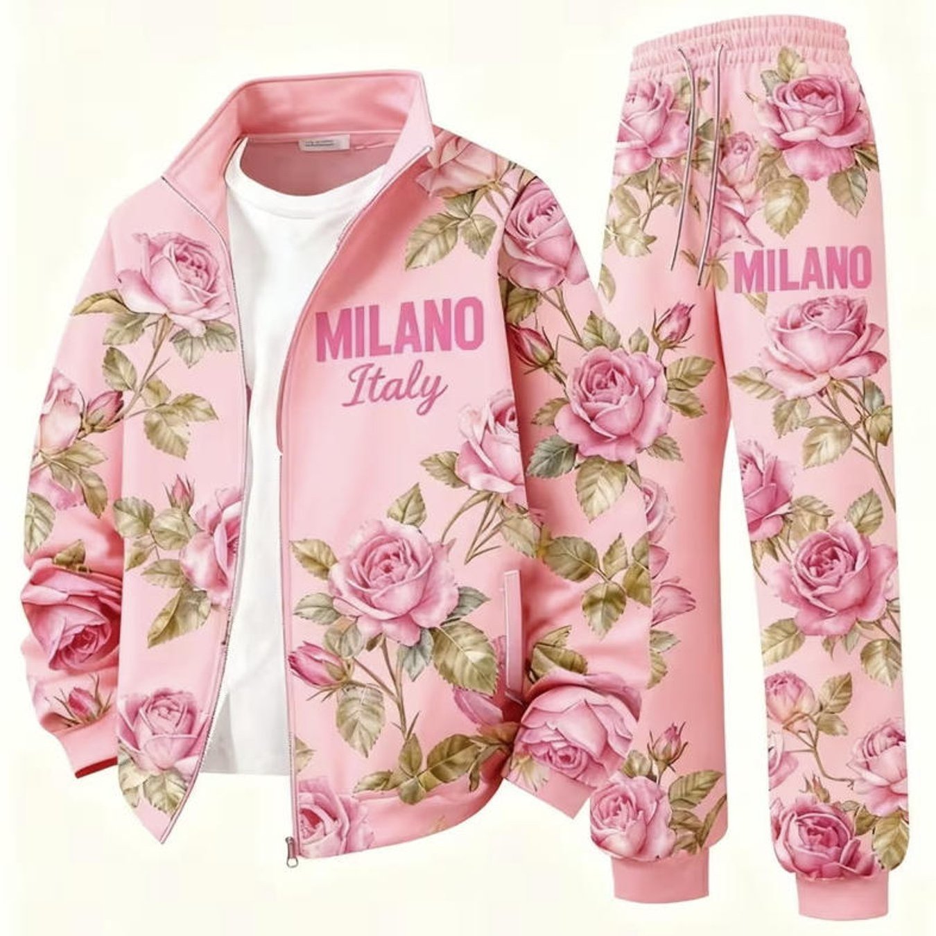 Men's Fashion Casual Style Floral Print Zip Up Jacket Pants Set Italy Rose Pattern Men's Wear For Adult Men Holiday Gift Casual Wear Plus Size Men Clothing, Plus Size