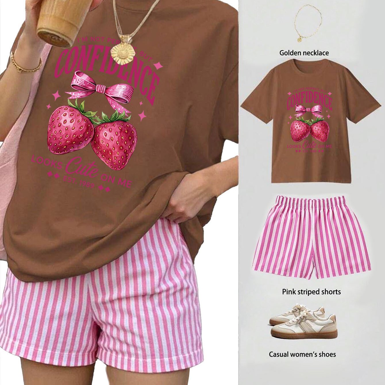 TEMU [summer] Pink Bow Strawberry Print Design Elegant Women's Fashion Summer Short Sleeve Striped Shorts Two-piece Set
