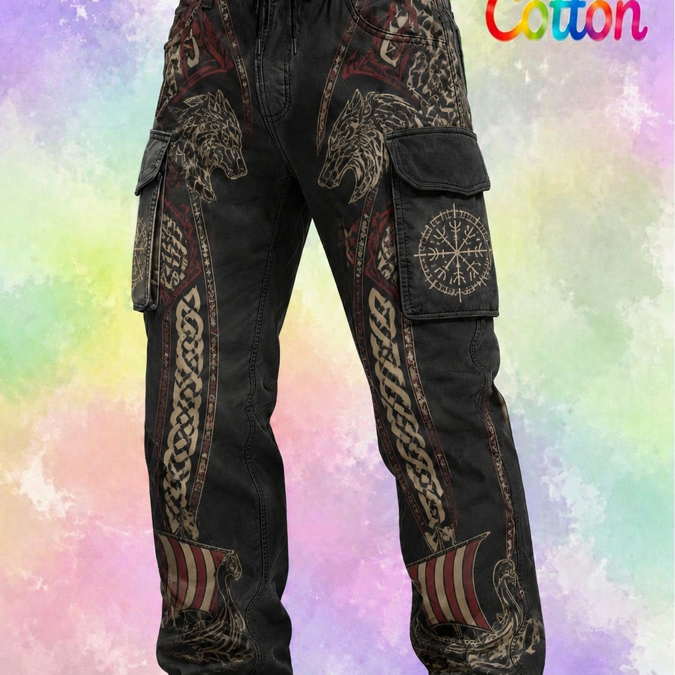 Image of 's Lace-up Retro Cargo Pants With A Viking Print, Suitable For Work And Casual Wear. Includes Multiple Practical Pockets. A Stylish And Versatile Men's Garment Suitable For Occasions.
