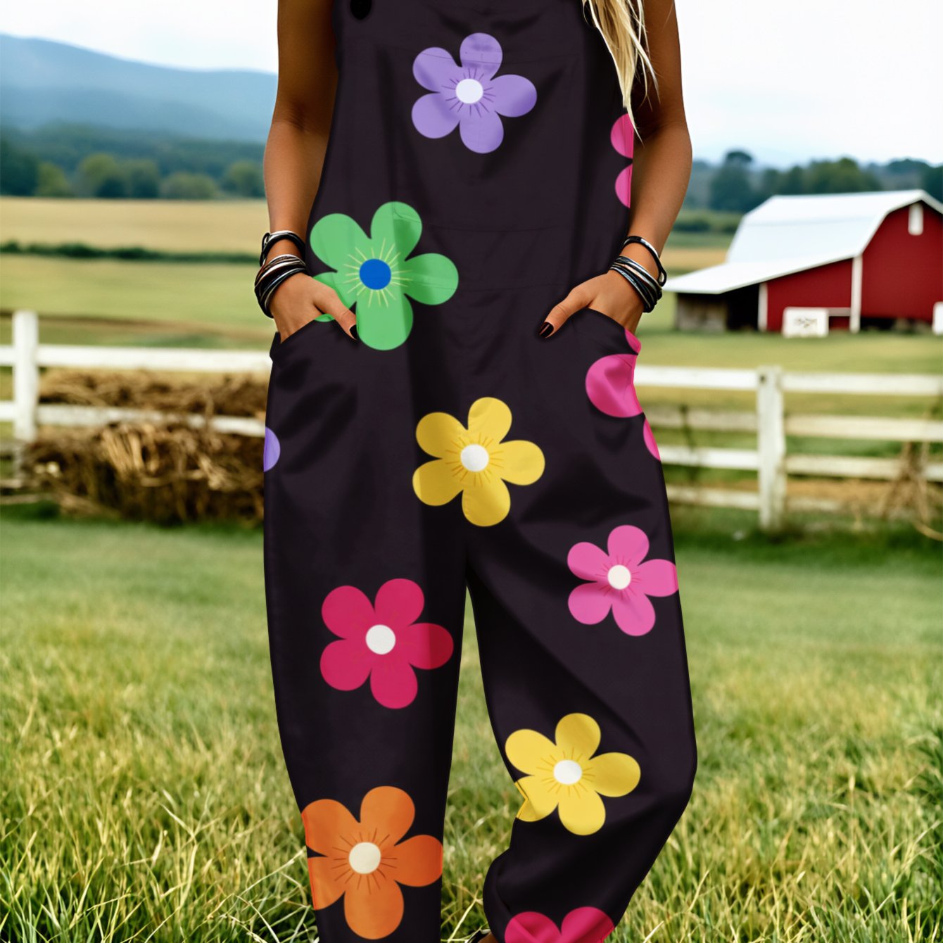 Women' Size Overall Jumpsuit, Size S-2xl Colorful Flower Pattern Machine Washable Print Suitable For Spring, Summer And Autumn Suitable For Daily Wear, Home Loungewear And Travel. Perfect Gift For .