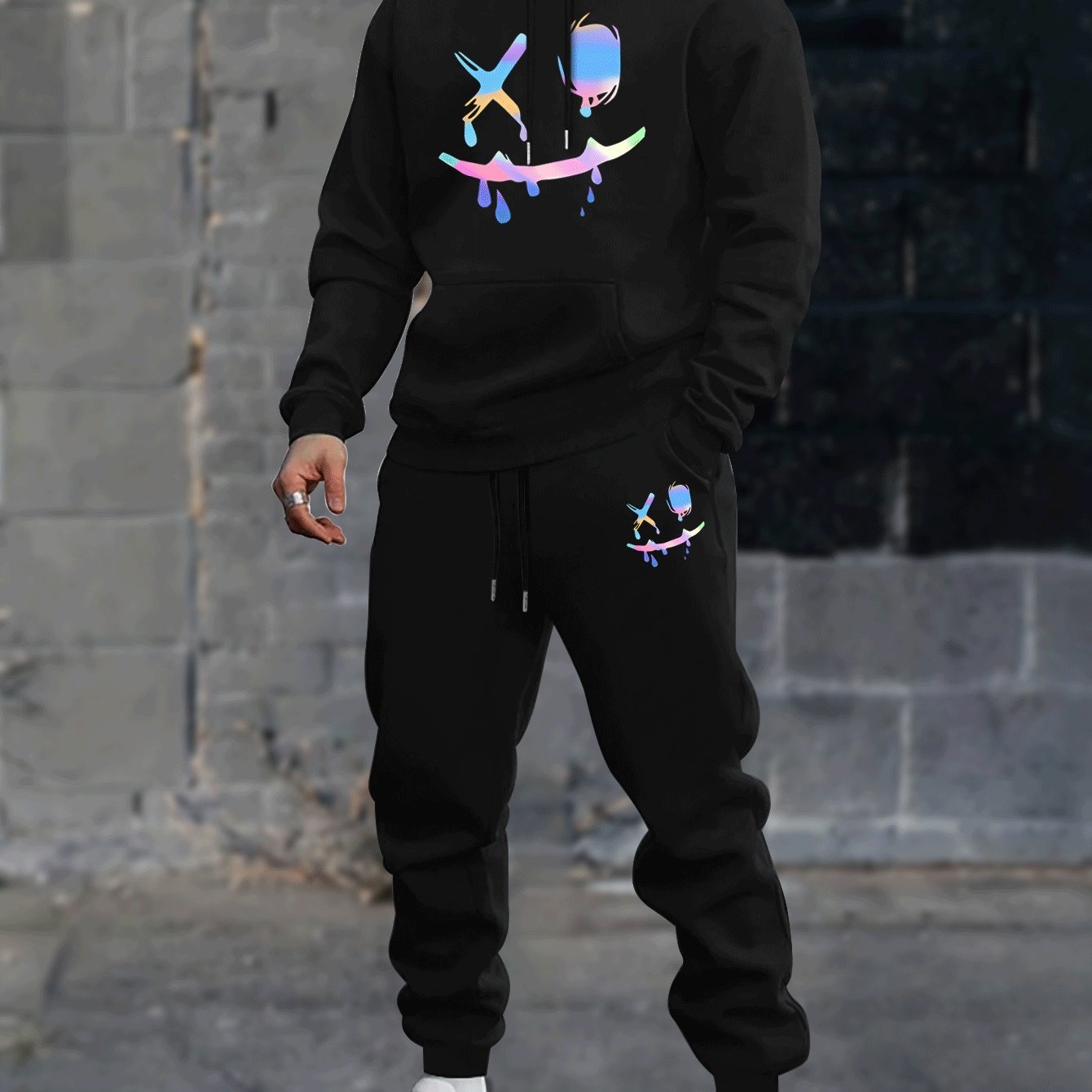 TEMU Print Men's Versatile And Trendy Long Sleeve Hoodie & Casual Pants Outfits, Hooded Sweatshirt And Sweatpants 2pcs Set For Spring/fall Outdoor