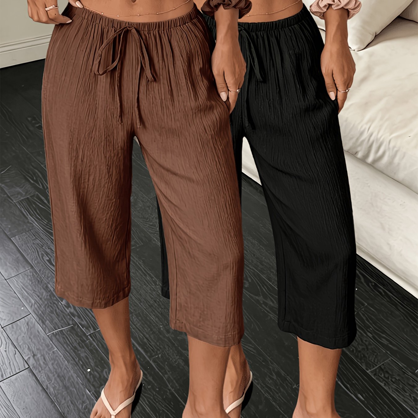 TEMU 2pcs Standard Size Women's Capri Pants With Bow, Solid Color Comfortable Breathable Straight-leg Versatile Outerwear Casual Capri Pants