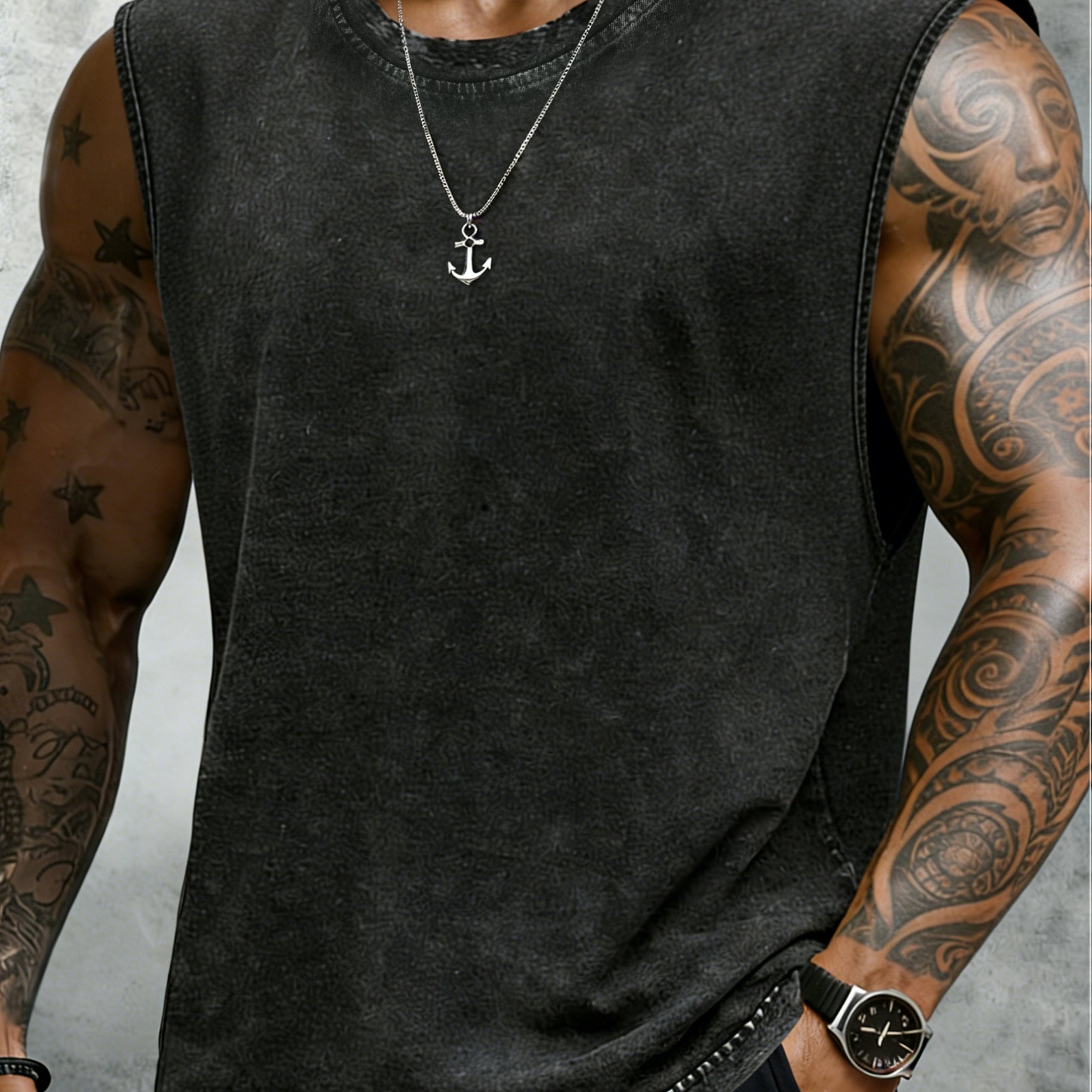 1pc Vintage Washed Design Men' Streetwear Comfortable Wide Shoulder Washable Vest Waistcoat Spring Summer New Arrival