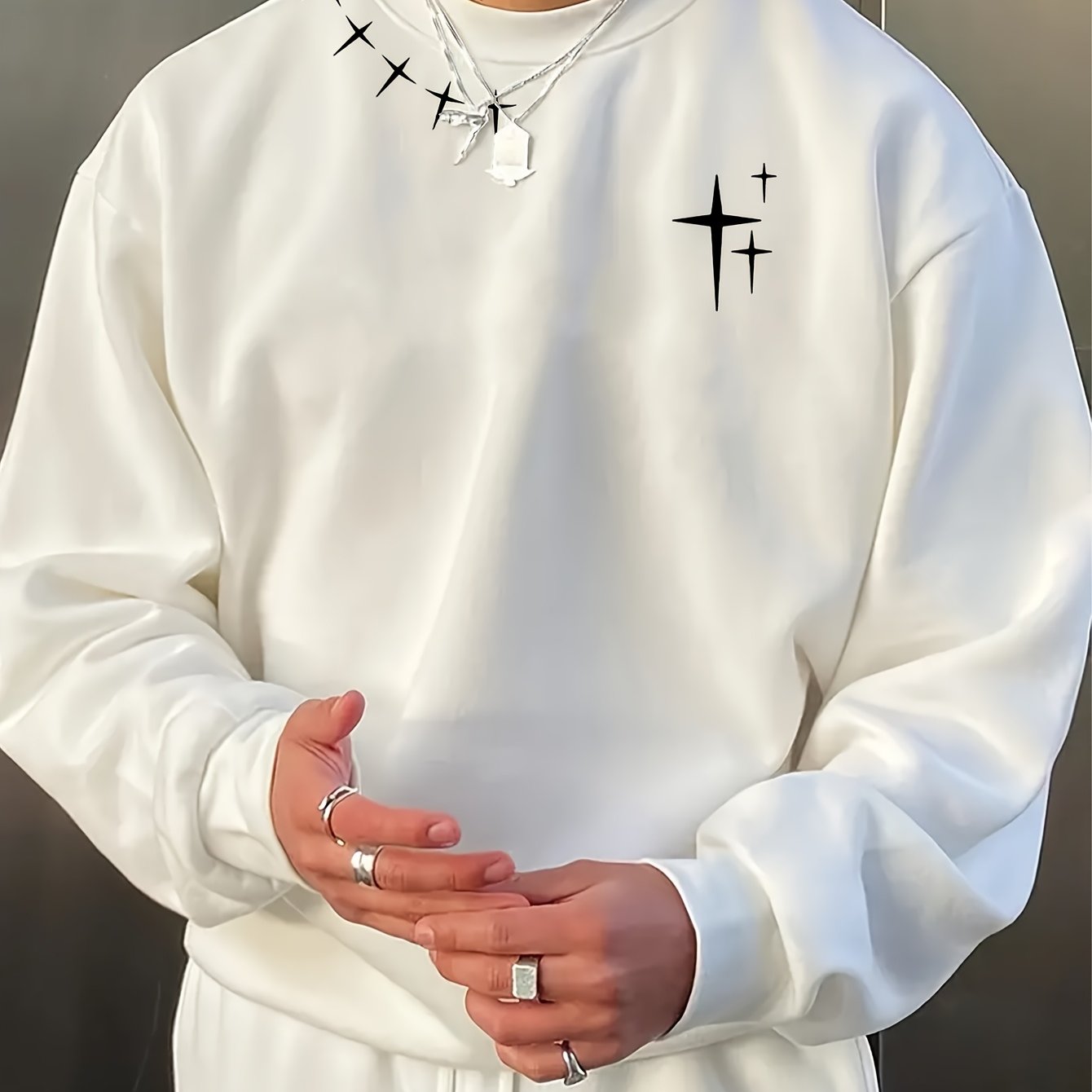 TEMU Men's Fashionable Minimalist Four-pointed Star And Crossbow Print Long-sleeve Crewneck Sweatshirt For Sports, Leisure, Commuting, And Versatile