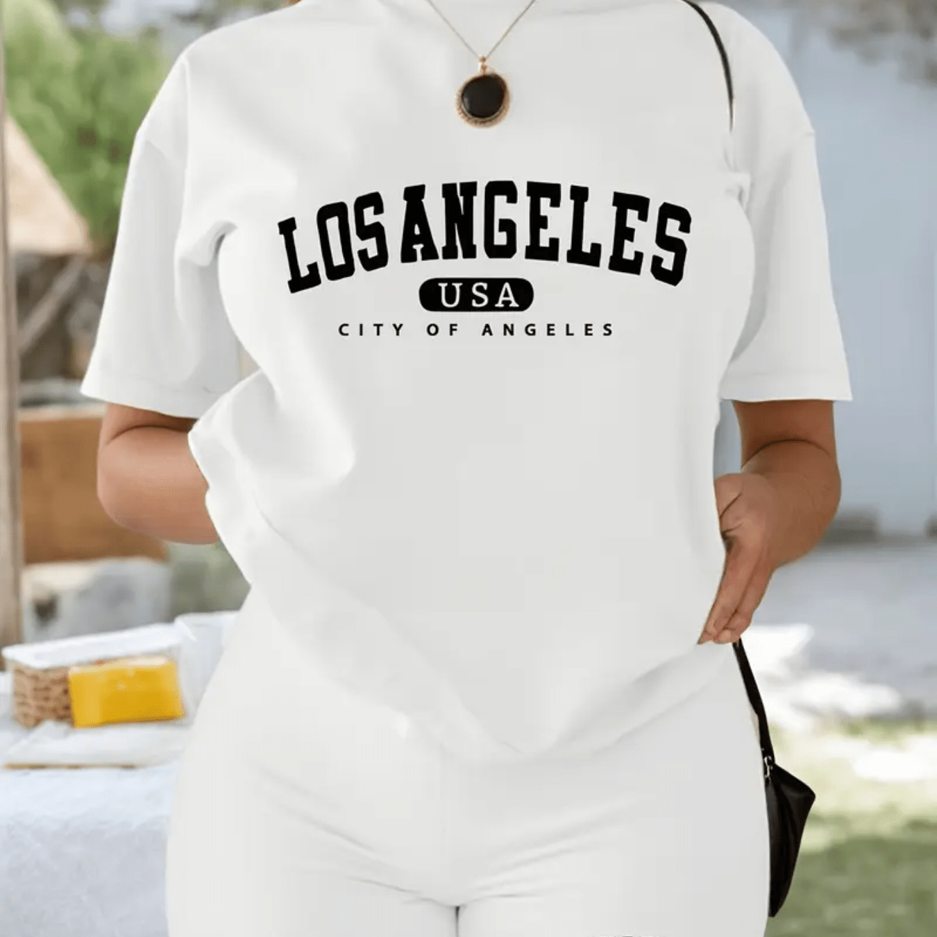 TEMU Los Angeles City Skyline Letter Graphic T-shirt, 180g Lightweight Wrinkle-free Round Neck Short Sleeve Casual Top, Spring Summer Commuting