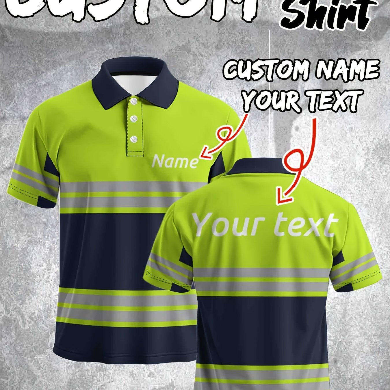 TEMU Custom Men's 3d Printed Lapel Shirt - Custom Front And Back Text Design, Fluorescent Green And Orange Red, Regular Fit, Style - Crew Neck,