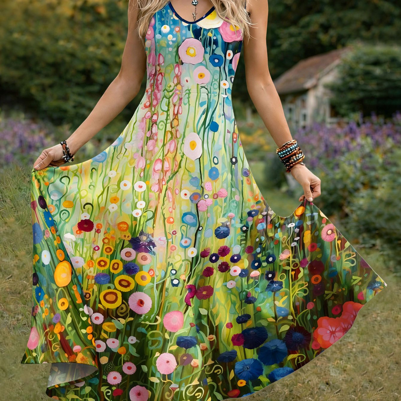 Women's Vintage Style Sleeveless Dress With , V-neck A-line Maxi Skirt, Easy To Wash, Perfect For Daily Use And Holidays