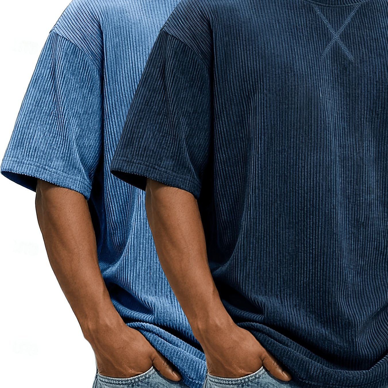 Image of 2pcs Set 2026 's Corduroy Casual T-shirts For Fitness And Exercise-summer Round-neck, Relaxed-fit Running Tees
