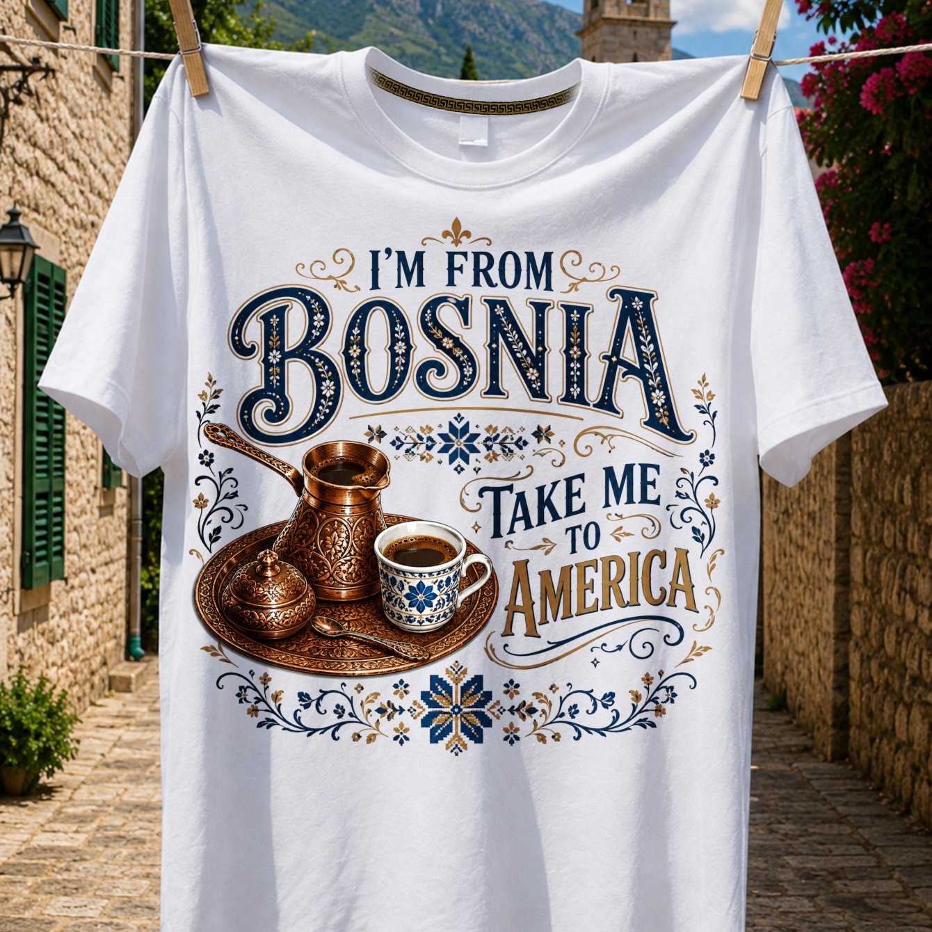TEMU Bosnia-themed T-shirt From The Usa â Featuring Exquisite Bosnian Artistic Font With A Coffee Tray Print, This Vintage Ethnic Is Perfect For