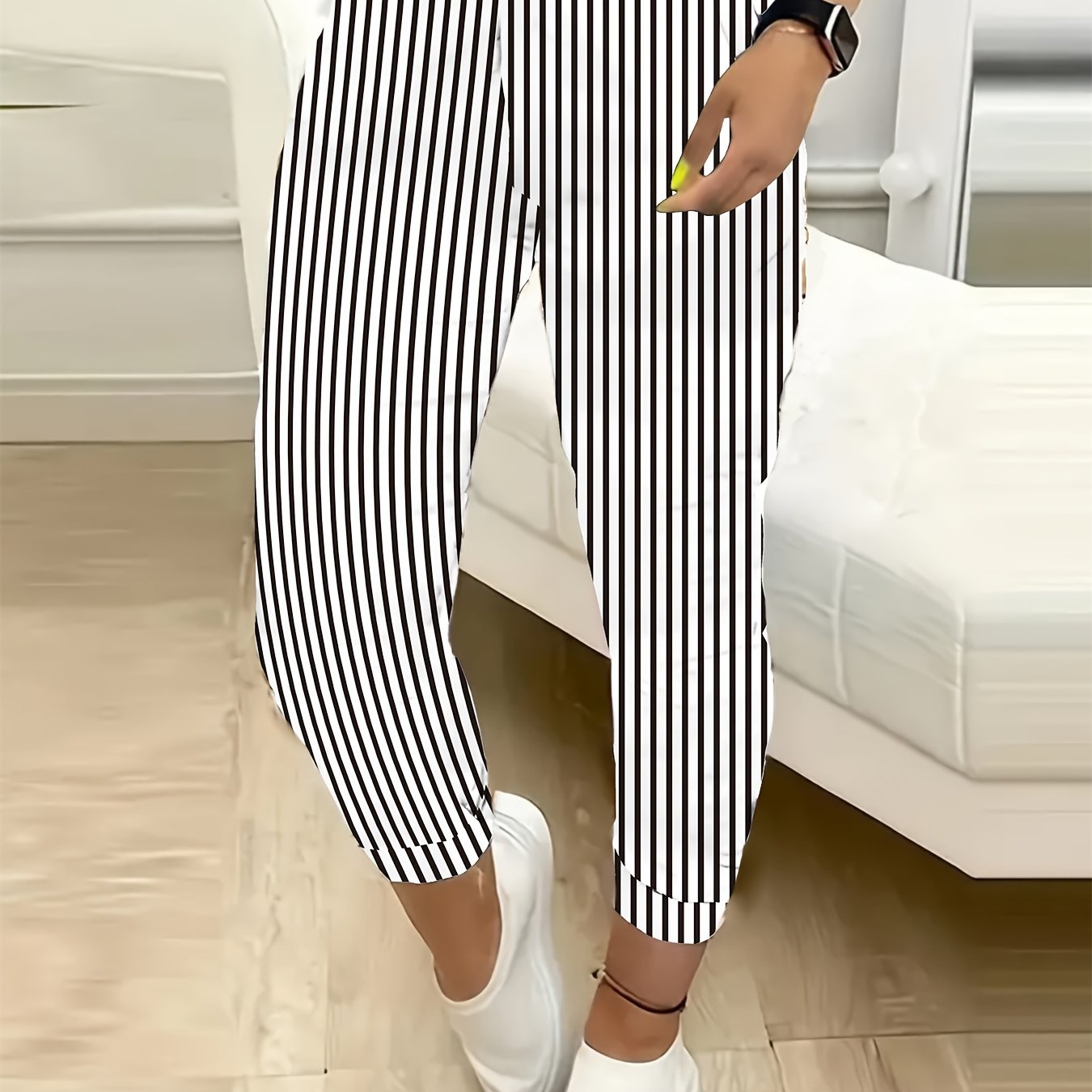 Chic Black & White Striped Cropped Pants For Women - High-stretch, Machine Washable, Fashion