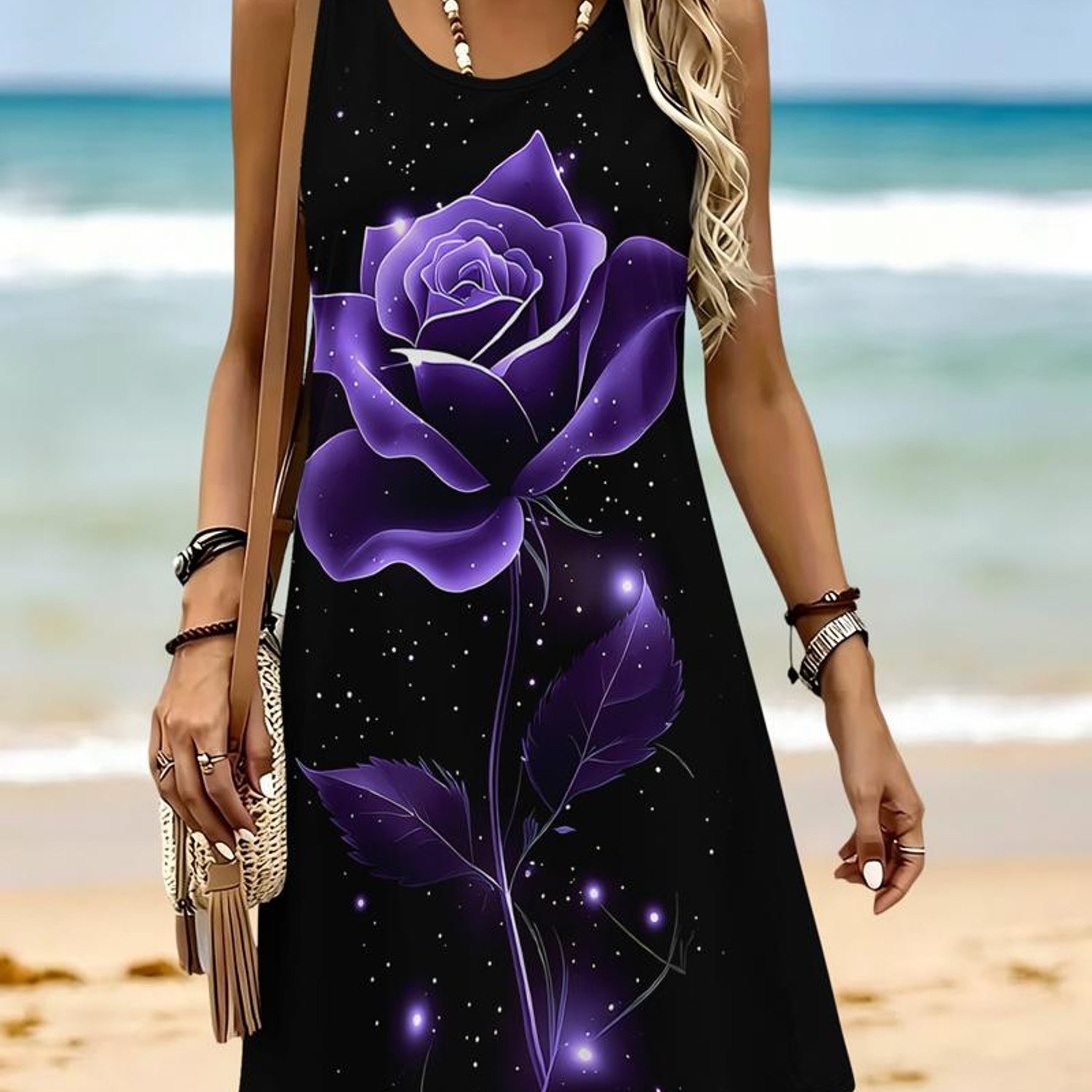 TEMU Women's Purple Rose Galaxy Sleeveless Tank Dress, Casual Graphic Print A-line Mini Sundress For Summer Beach Vacation, Travel, And Daily Wear