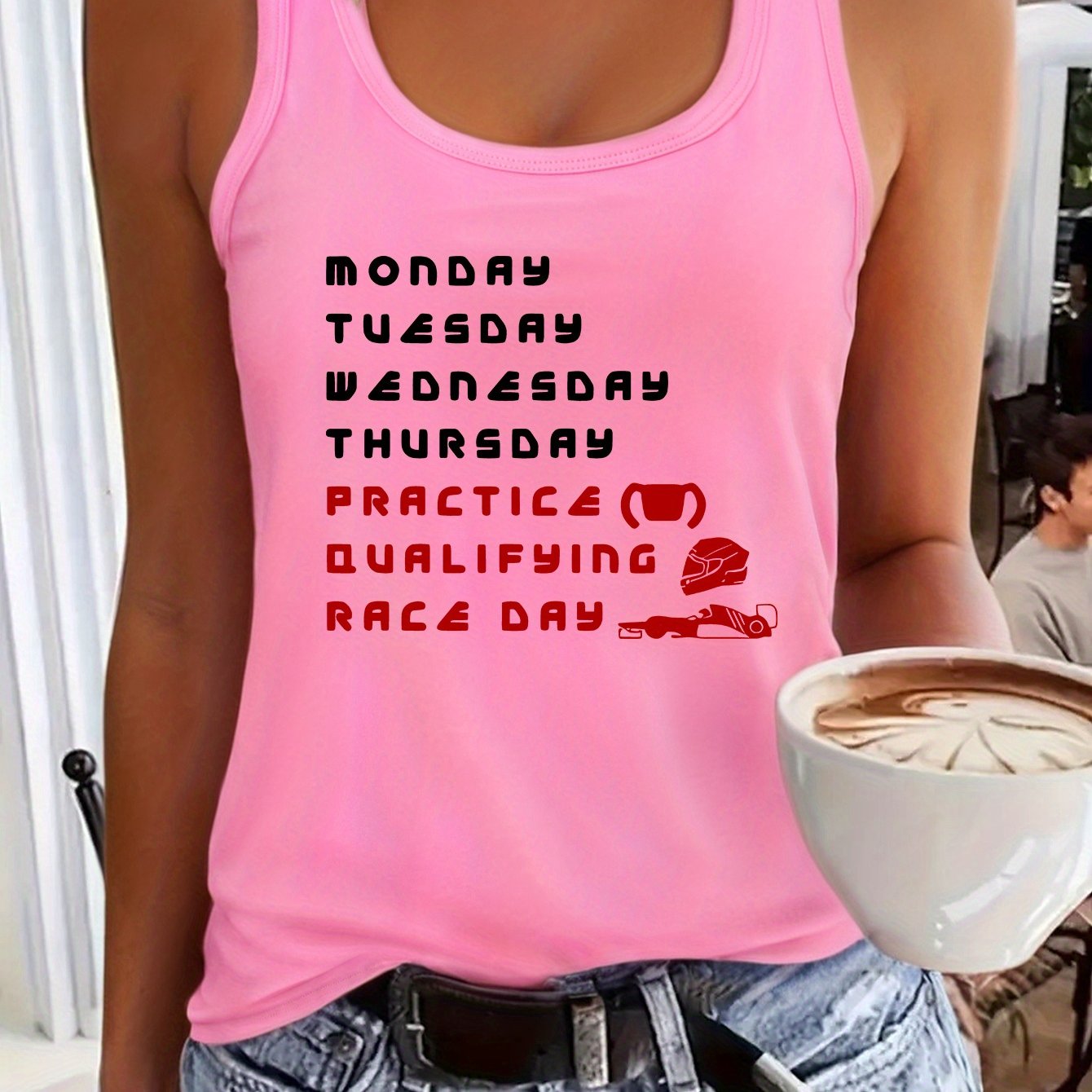 TEMU MONDAY Dame Casual Ermeløs Vest - Monday Motiverende Bokstaver & Racing Grafisk Trykk, Livlig Blå Rund Hals Tank Top, Medium Stretch