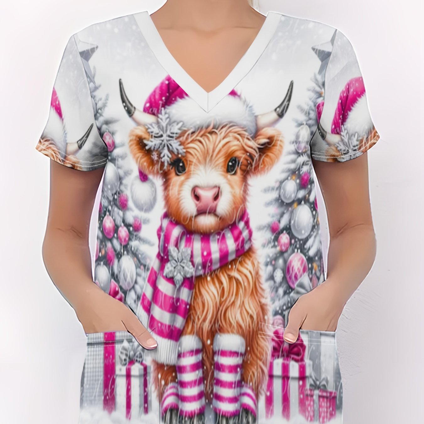 TEMU Christmas Women's Nurse Outfit, Cute Cow Standing In Snowy Christmas Tree With Santa Hat Scarf, Printed T-shirt, Pocketed Christmas V-neck